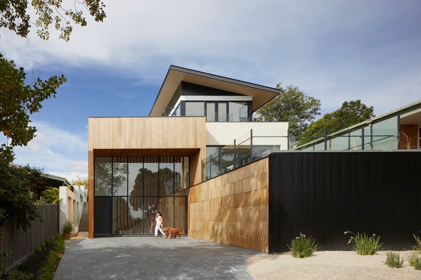 Modern timber-clad townhome with a tall glazed entry and a paved courtyard, with a woman walking a dog toward the door